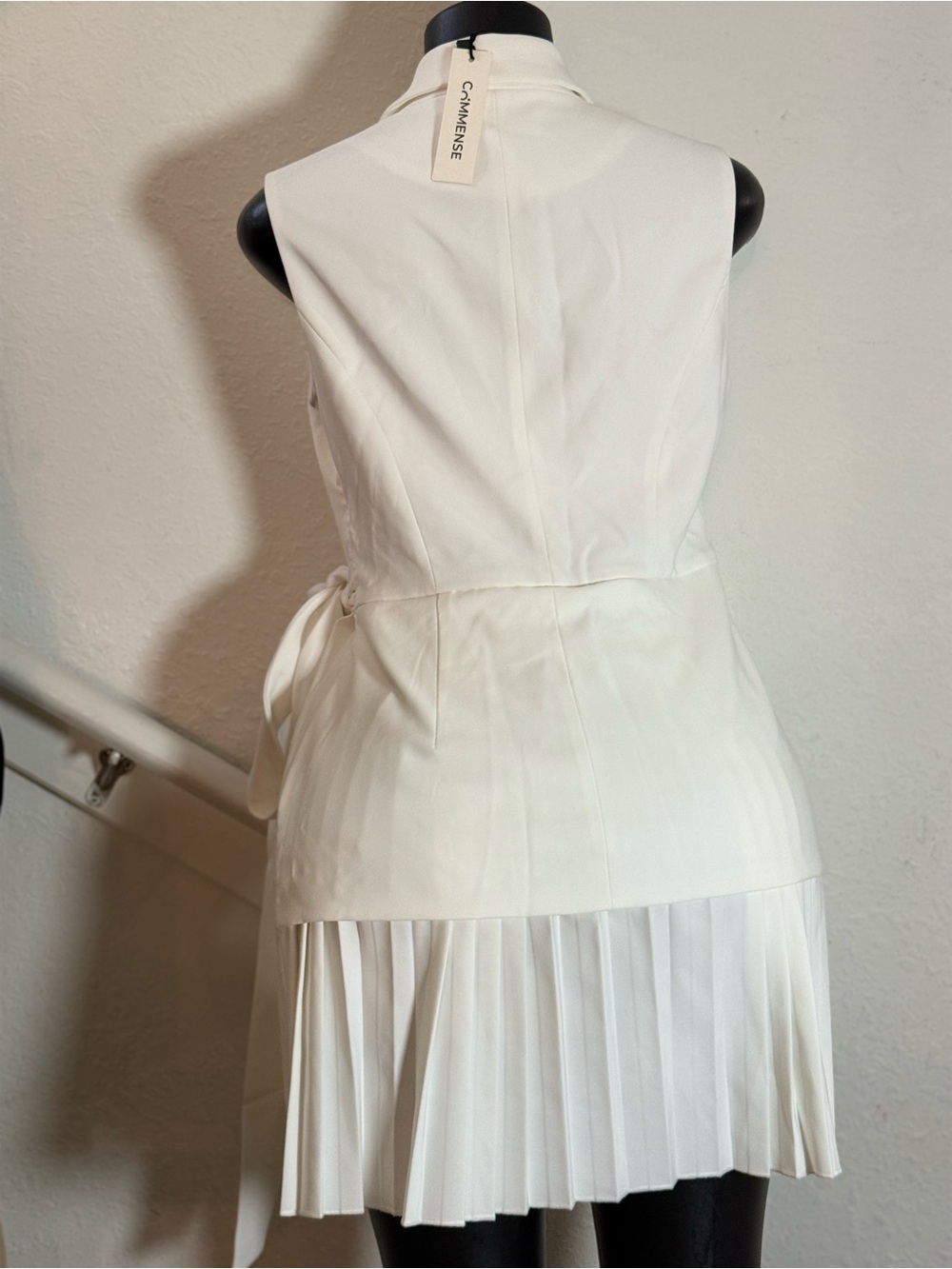 Commense Cream Sleeveless Wrap Blazer Dress with Pleated Skirt - Picture 4 of 7